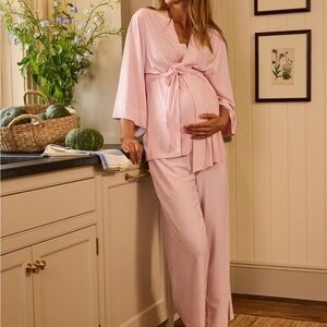 Maternity DreamModal Kimono Three-Piece Set in Carnation Pencil Stripe